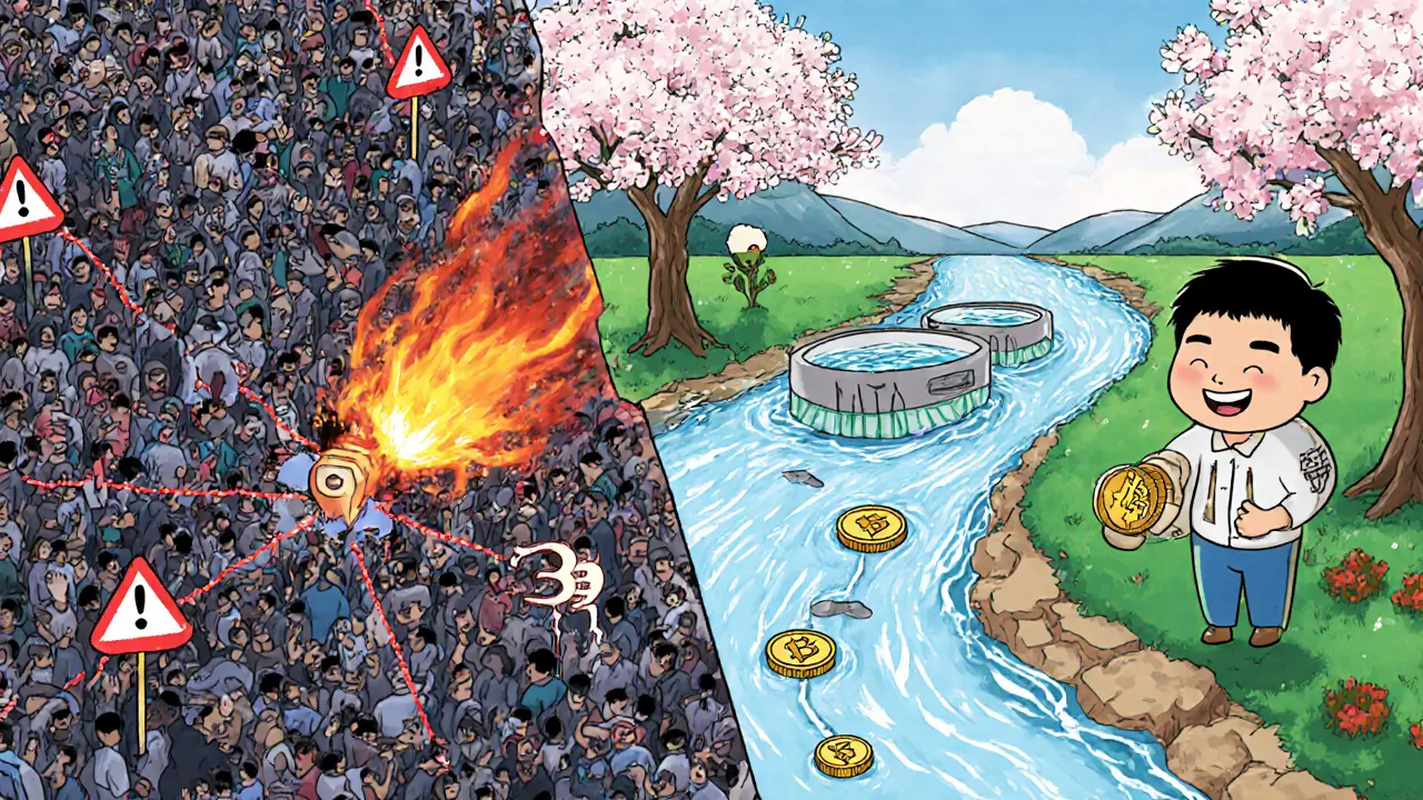 Contrasting chaotic Ethereum with serene Polygon: fiery fees vs. calm stablecoin flows and CRV tokens blooming like flowers in Chinese manhua style.
