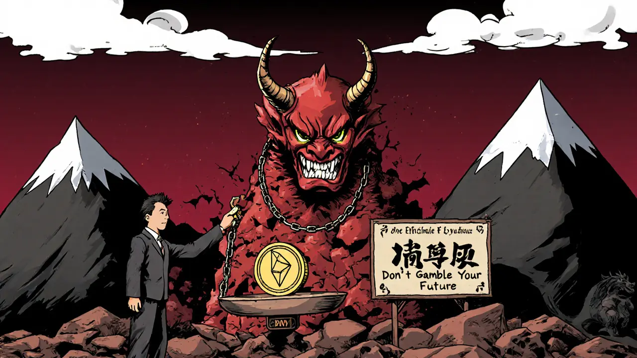 Dangerous Tron coin chained to a crumbling tower while Ethereum and BNB stand strong on a scale