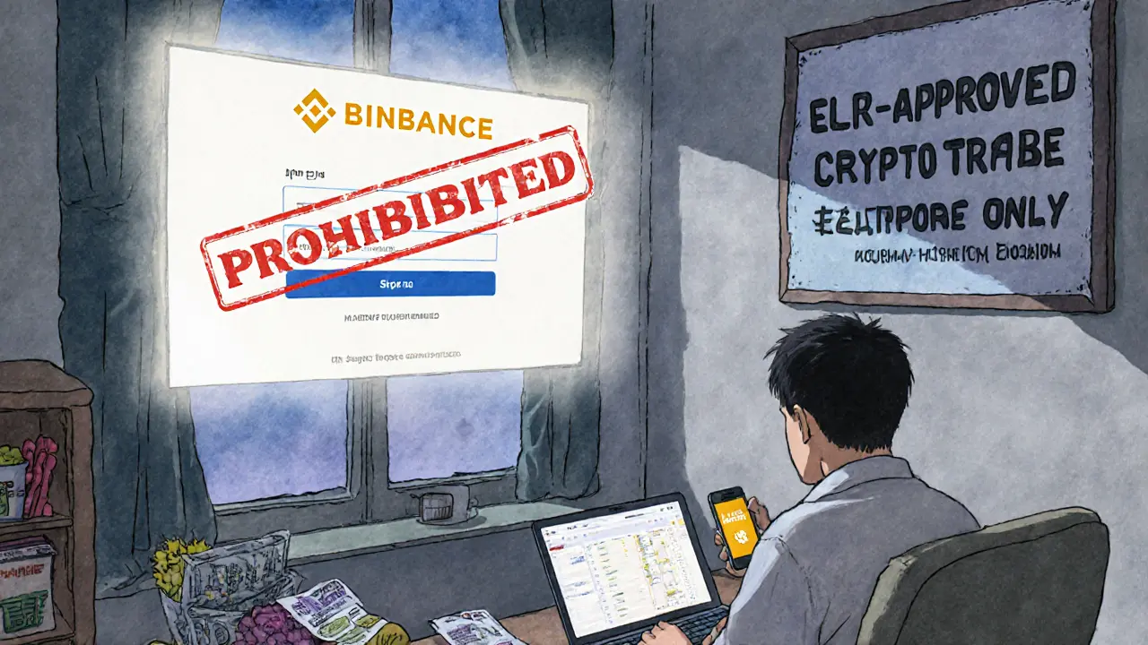 Russian citizen barred from using crypto for daily purchases, surrounded by digital ruble and forbidden symbols.