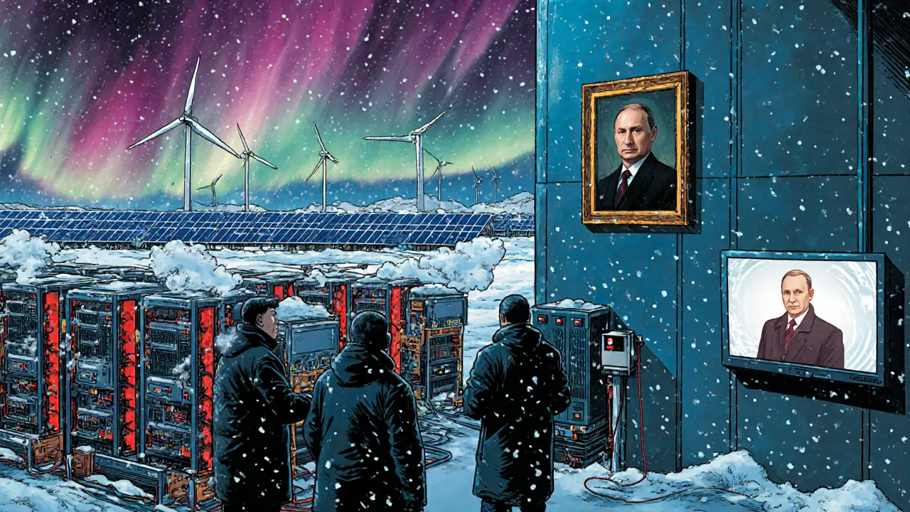 Siberian crypto mining farm under auroras with engineers monitoring rigs in manhua style.