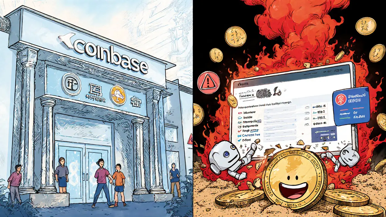 Split scene: legitimate crypto exchange vs. glitchy Tarmex with crumbling token and warning symbols.