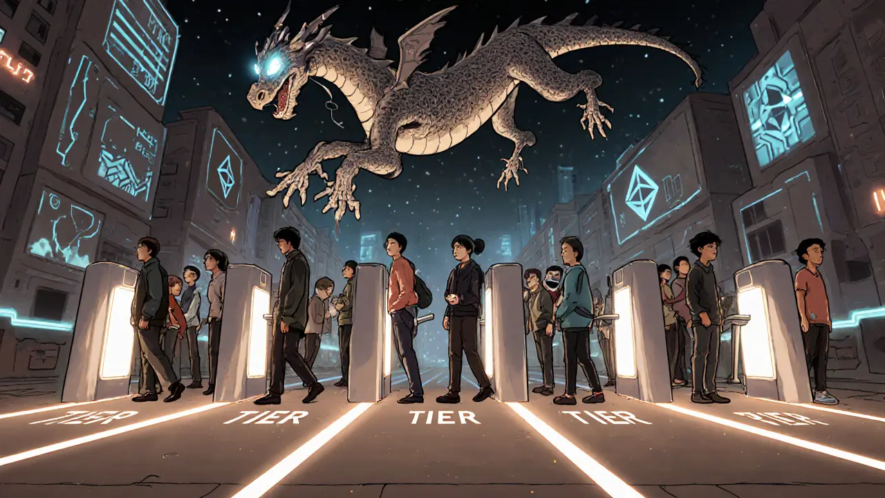 Users line up in tiered lanes to access project sales under an AI dragon.