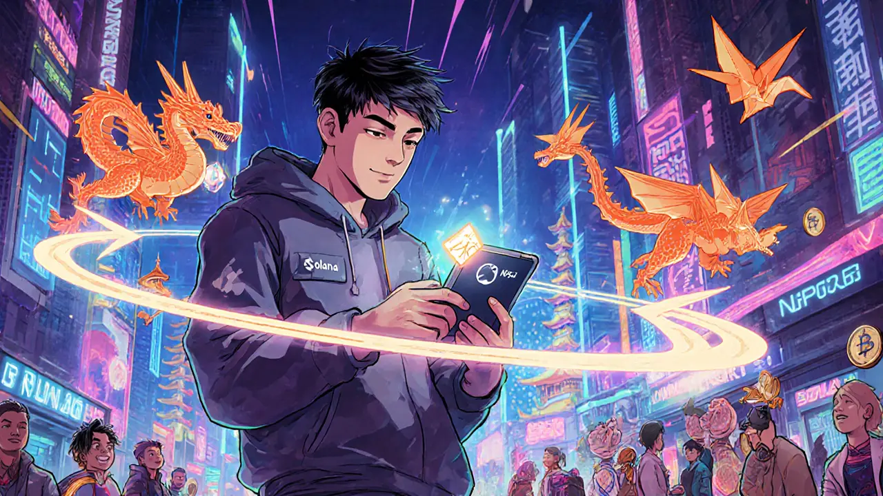 Young user staking Solana with Phantom wallet amid flying NFT dragons and high-speed transactions