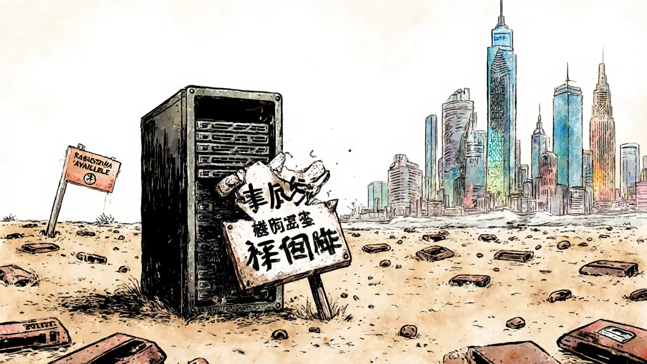 A broken Ramestta server stands alone in a desert while other blockchains thrive in the distance.