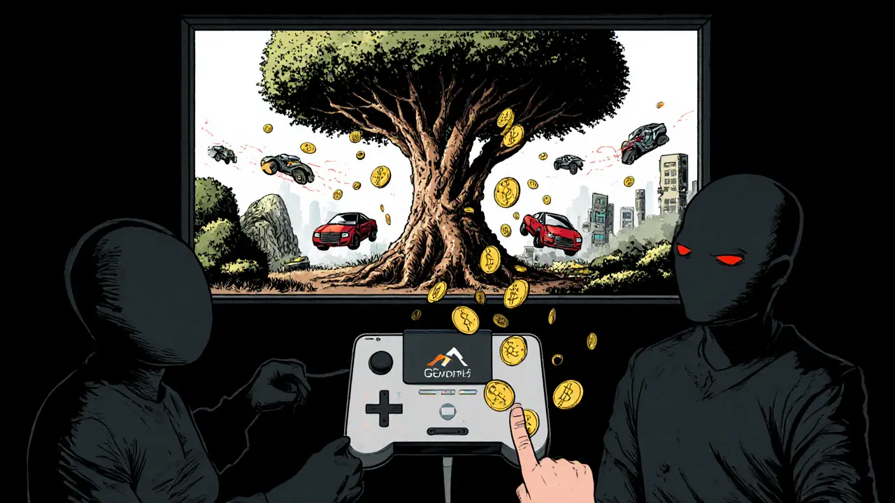 A gamer connects a wallet as golden GEAR tokens rain down in a pixel metaverse with robot battles.