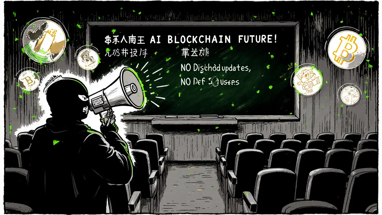 A masked promoter shouts into an empty room filled with vanished crypto apps and warning signs.