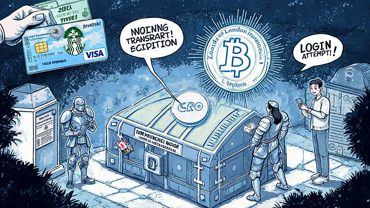 A secure cold storage vault guarded by knights, with users spending crypto at a café, all rendered in vibrant Chinese manhua illustration style.