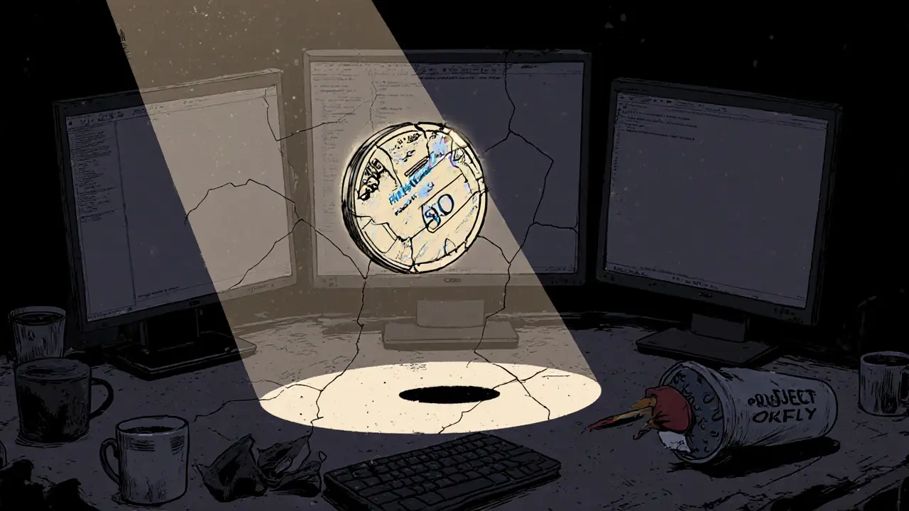 A single worthless OKFLY token floats above a neglected desk with dead screens and coffee cups.