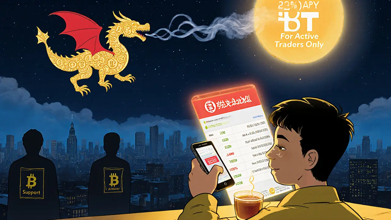 A trader on a rooftop at night with a 22% APY yield and a crypto dragon symbolizing risk and reward in Chinese manhua style.