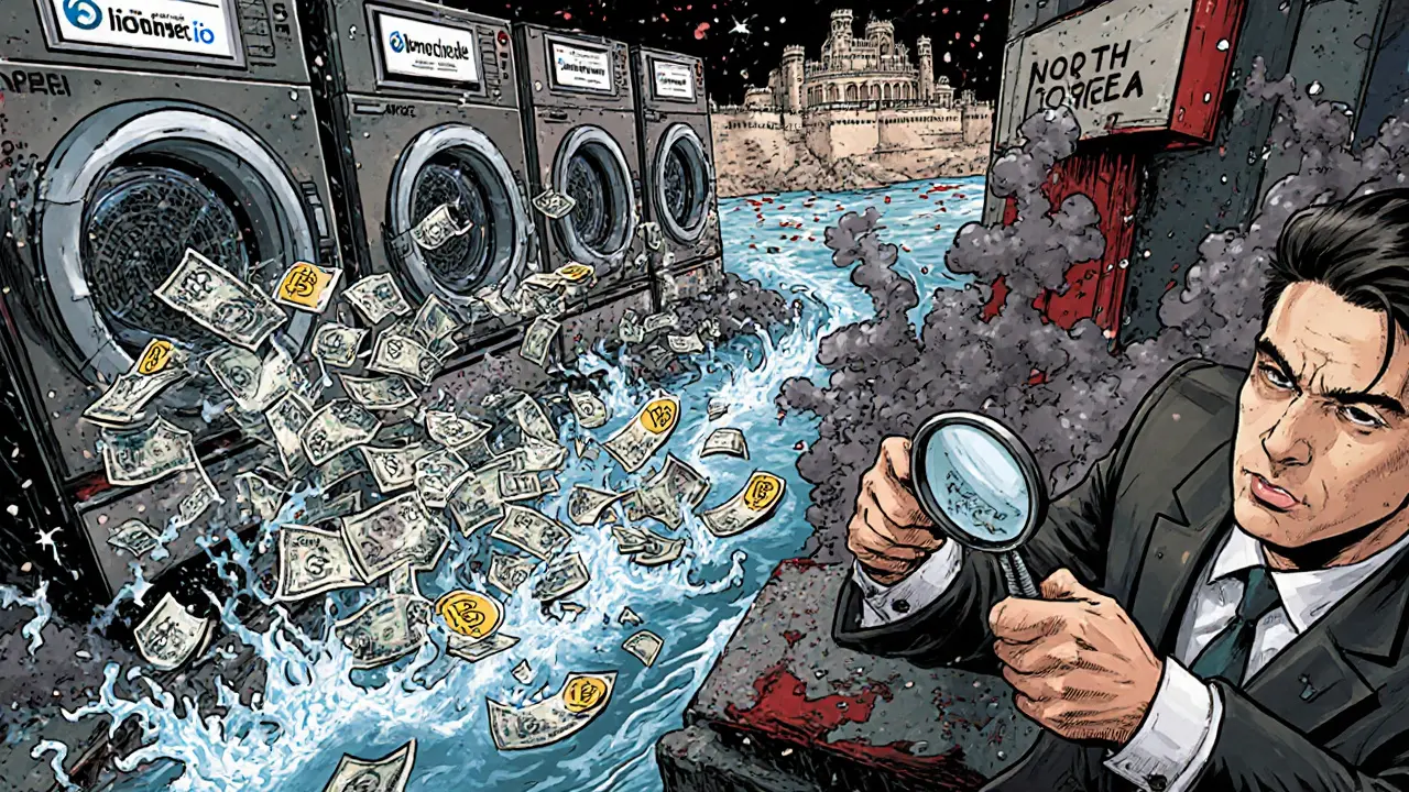 Chaotic crypto laundromat washing stolen coins into a river leading to North Korea, with agents overwhelmed by dust.