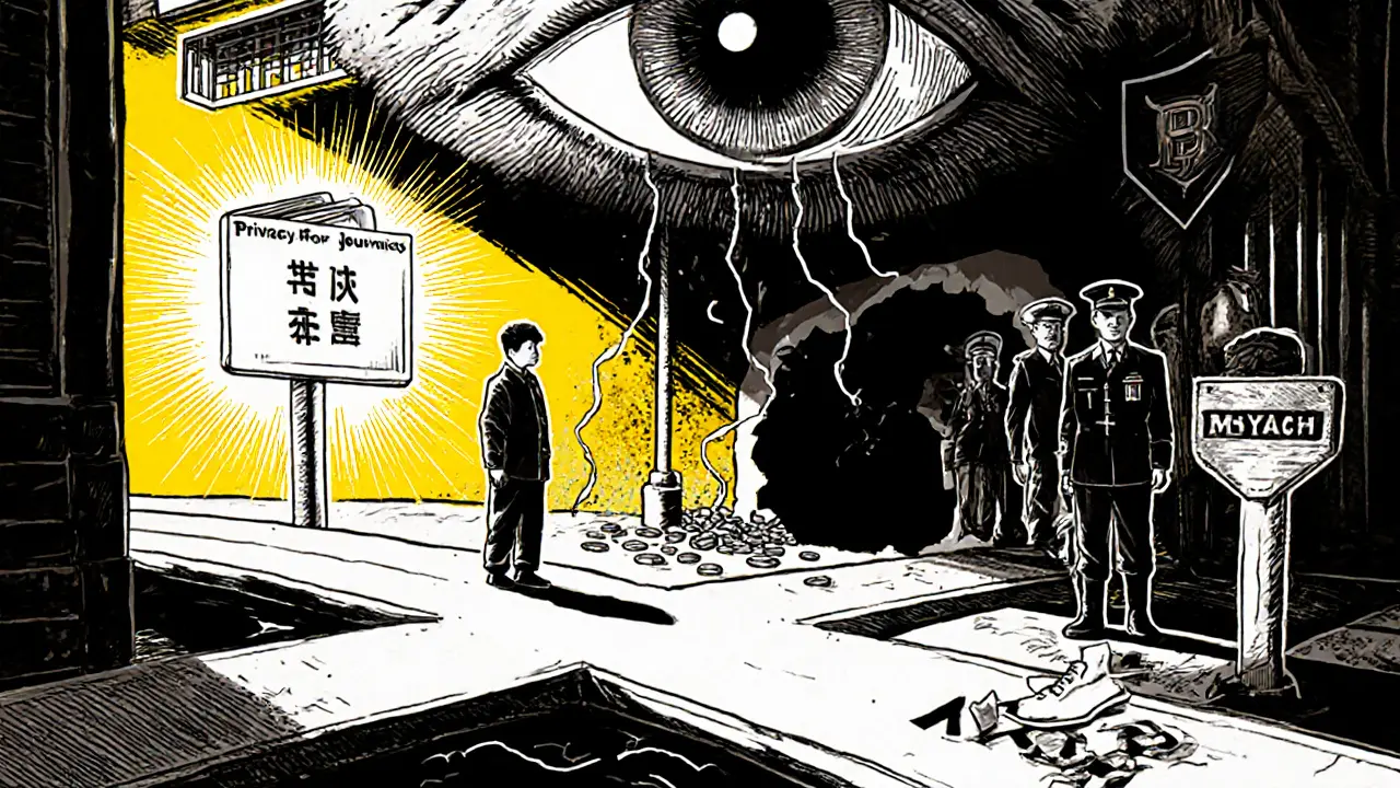 Crypto user at a crossroads between privacy and crime, watched by a giant eye as blockchain chains break.