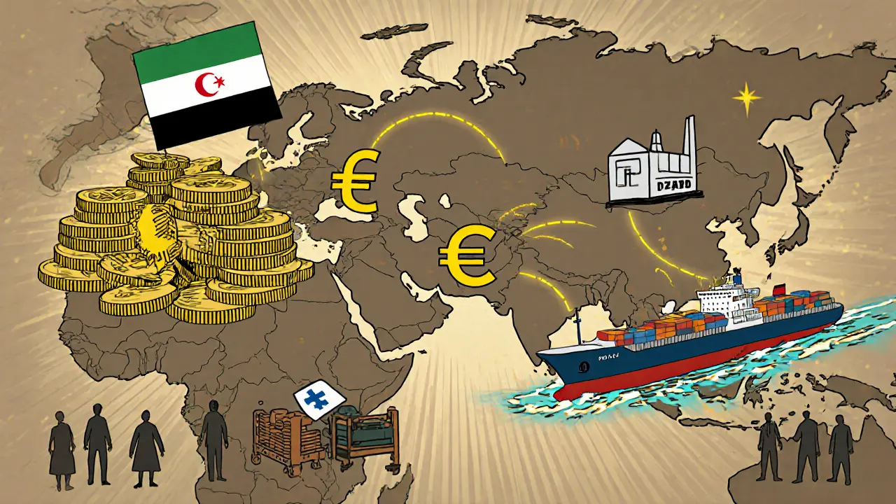 Cryptocurrency trade route from Iran to Russia via Turkey and UAE, symbolized by coins transforming into currency and cargo ship.