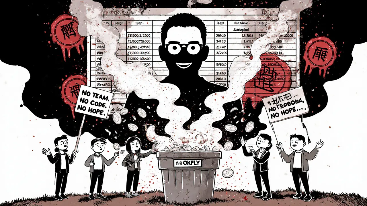 Ghostly founder vanishes as users throw OKFLY tokens into a trash bin labeled &#039;Airdrop Graveyard&#039;.