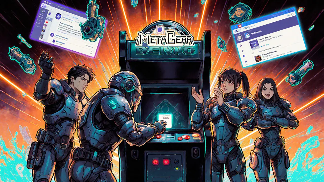 Players gather around a MetaGear demo arcade machine as NFT car parts glow around them.