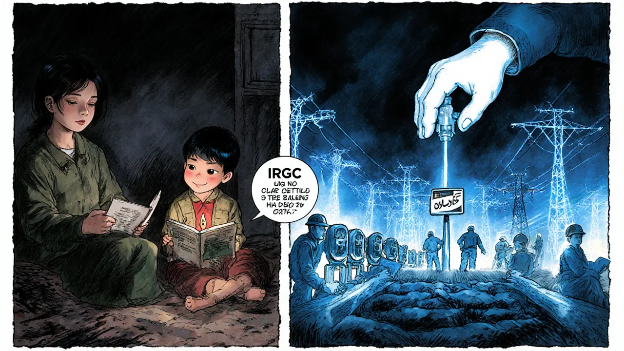 Split scene: Iranian family in darkness vs. state-run mining farm glowing with electricity, symbolizing energy inequality.