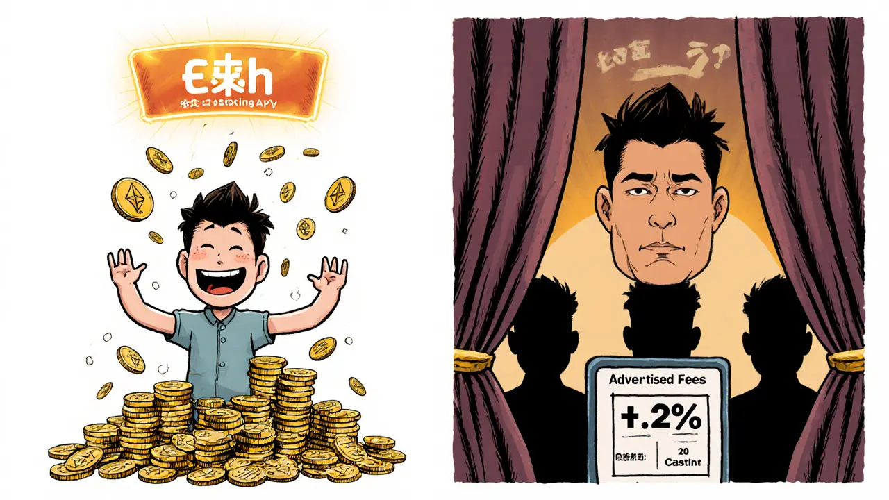 Split scene showing crypto earnings on one side and hidden fees lurking on the other, with expressive manhua-style faces and bold outlines.