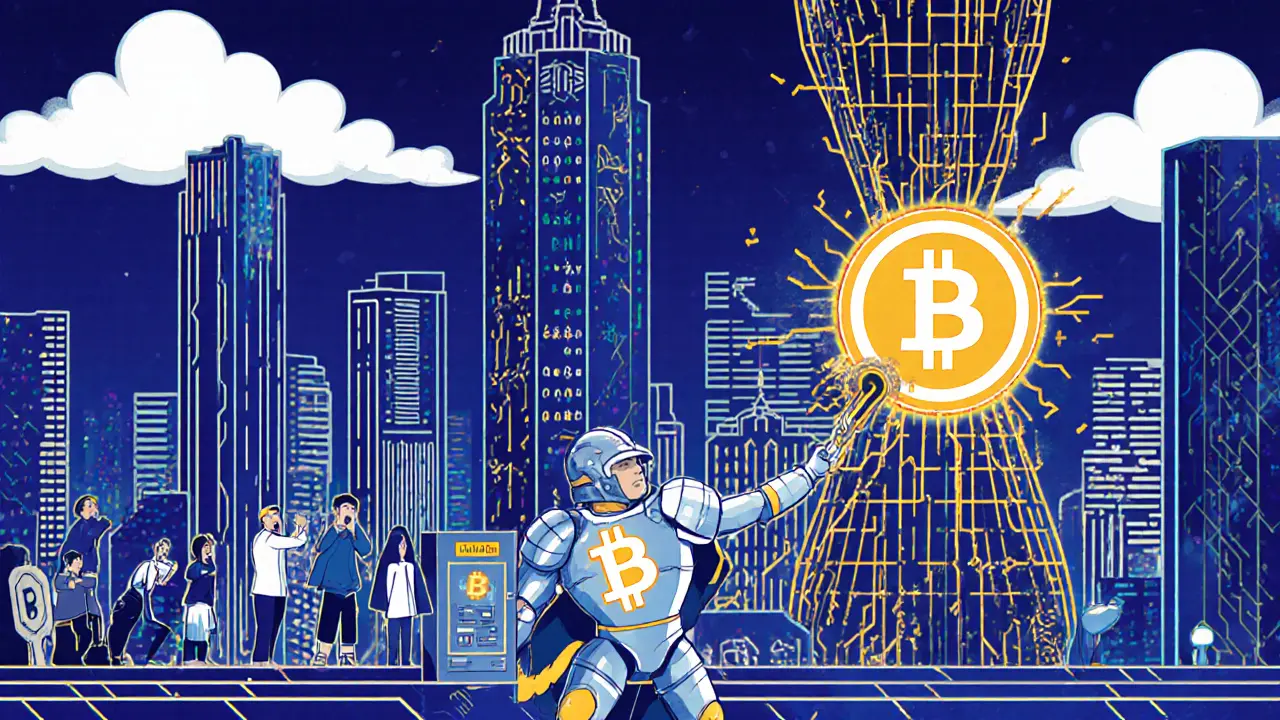 A blockchain city collapses from a difficulty spike, then heals as a miner activates an adaptive algorithm.