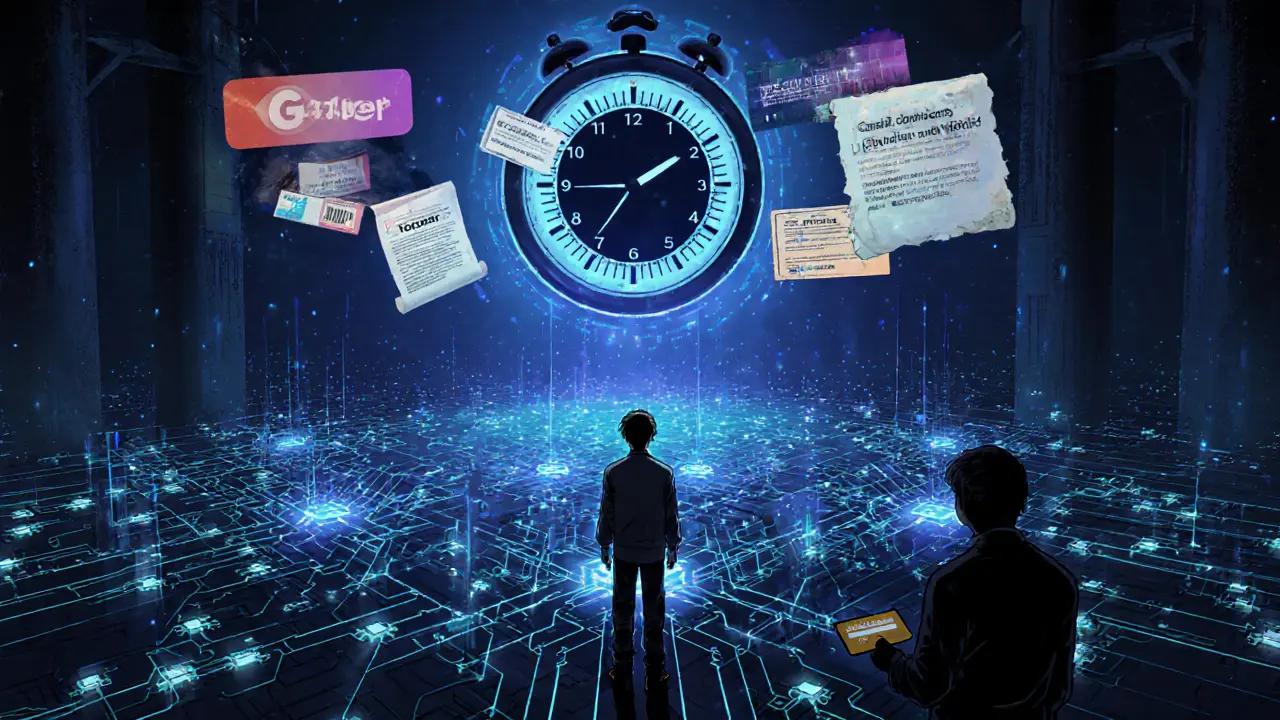 A developer facing a glowing blockchain network with AI predictions and future forecasts floating above.