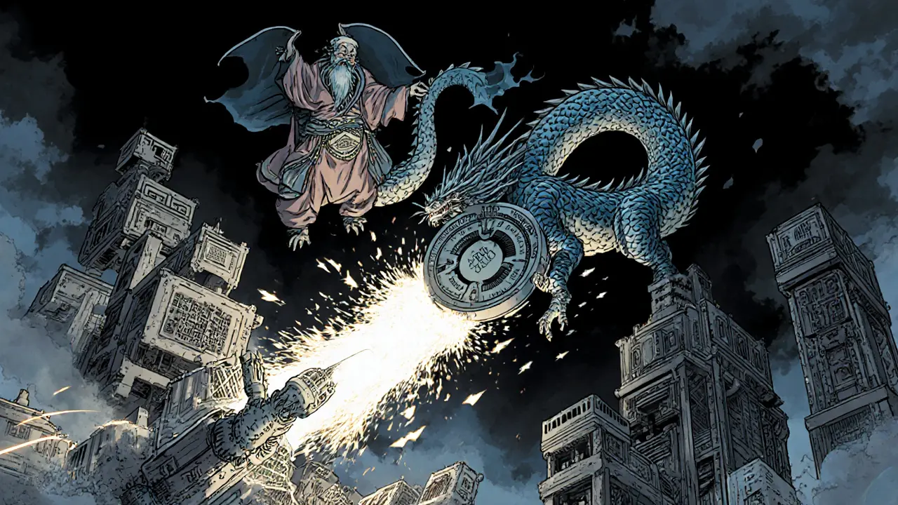 A dragon adjusts a giant dial labeled &#039;2,016 Blocks&#039; as mining rigs battle below in a cosmic scene.