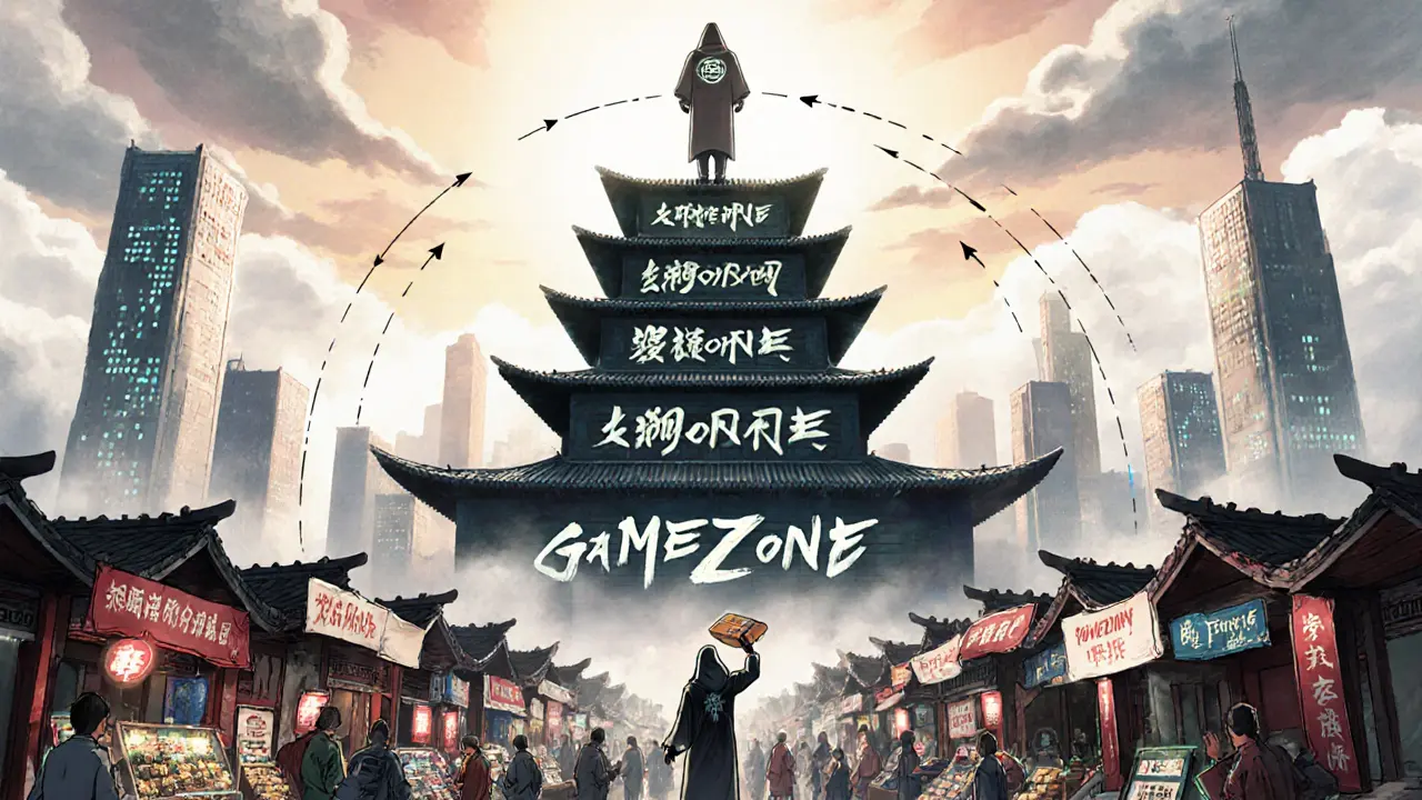 A futuristic NFT marketplace with tiered access and unissued tokens rising like a pagoda under dawn light.