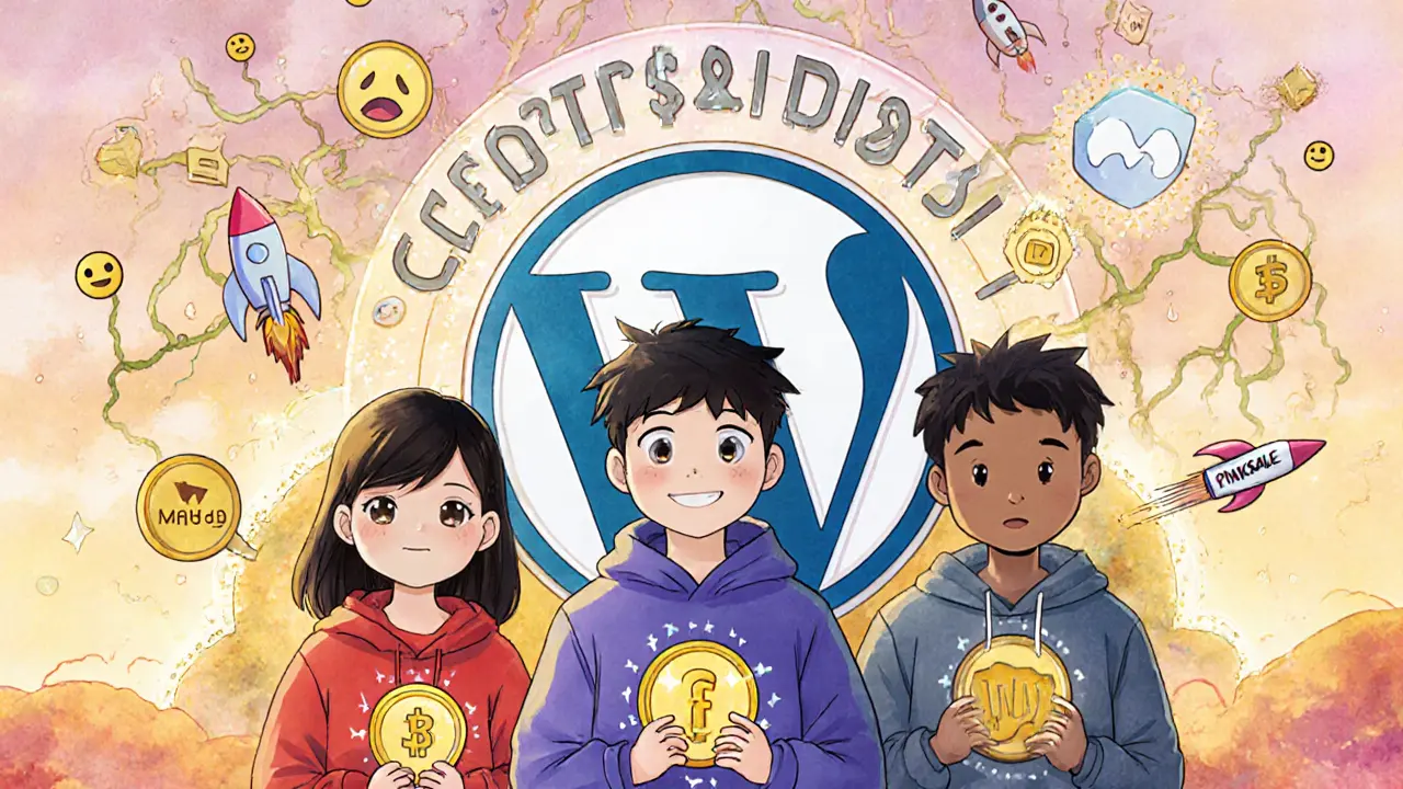 A group of indie creators holding their launched tokens with MAHA badges, surrounded by a network of crypto projects.