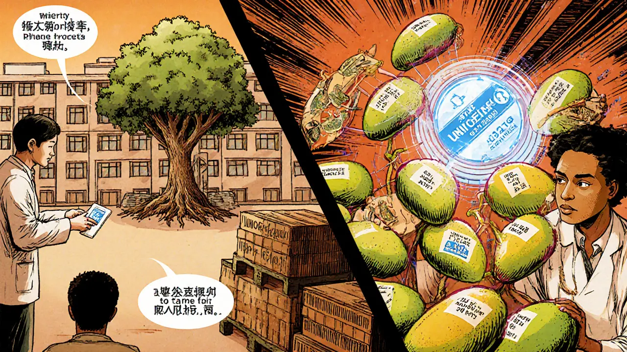A split-panel manhua illustration showing secure medical records and transparent food supply chains tracked by blockchain.