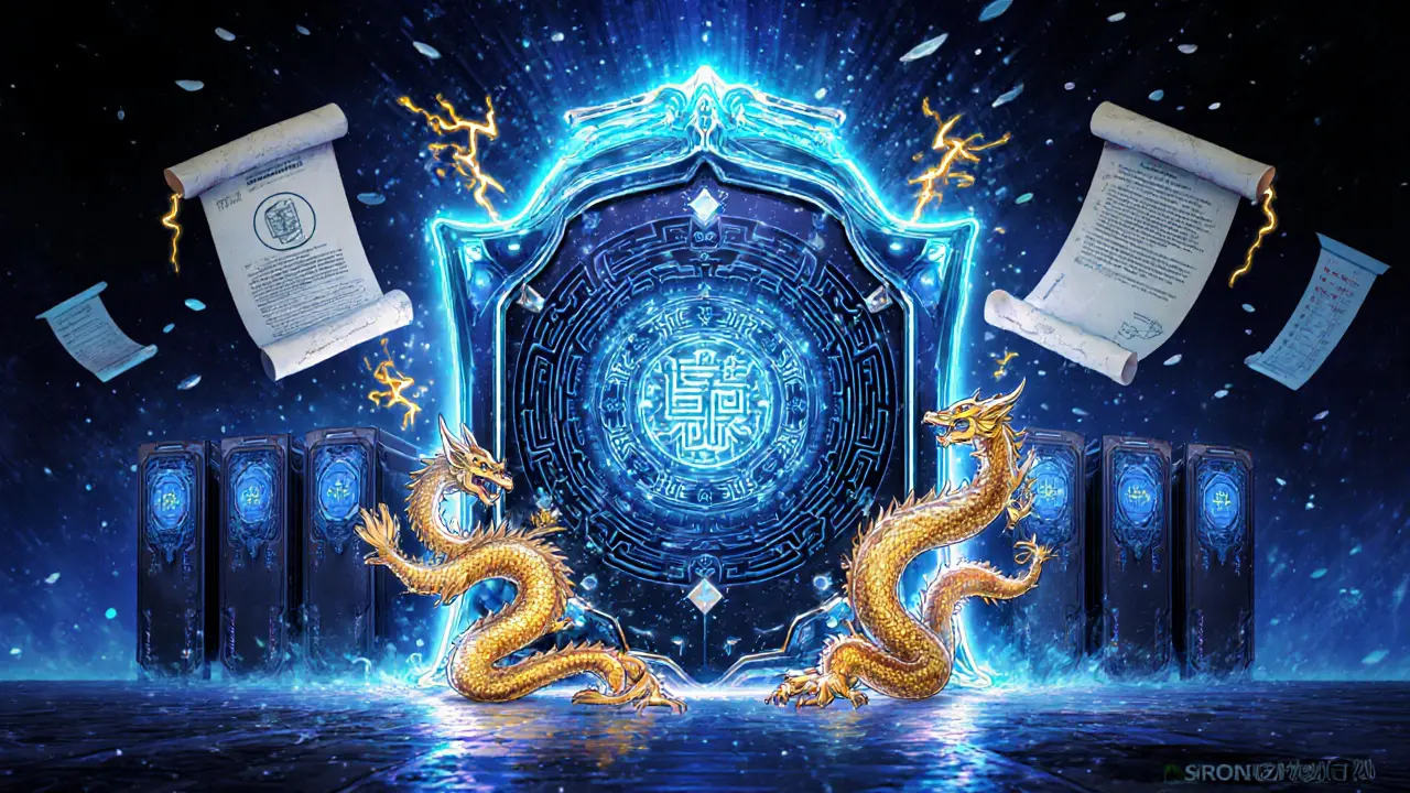 A Taoist talisman-shaped QRoT device emitting quantum-safe runes, defended by AI dragons against threat serpents.