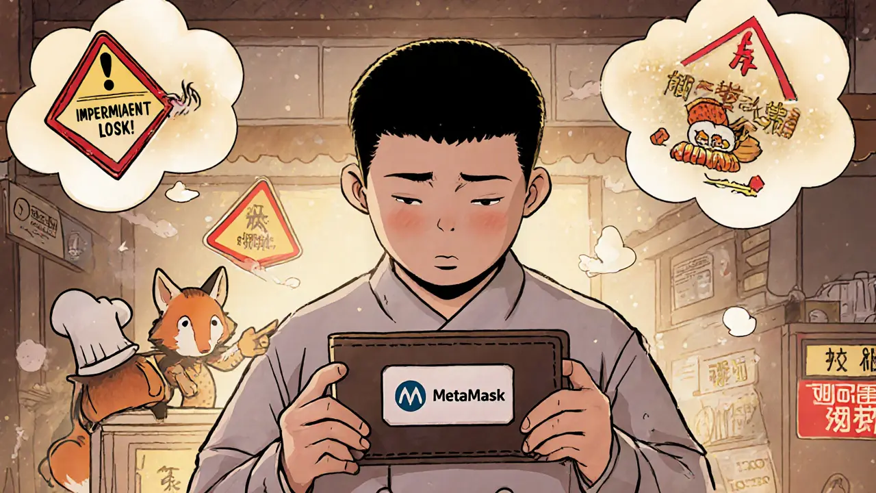 Beginner at a SushiSwap kiosk warned by floating signs, guided by a fox spirit in chef attire.