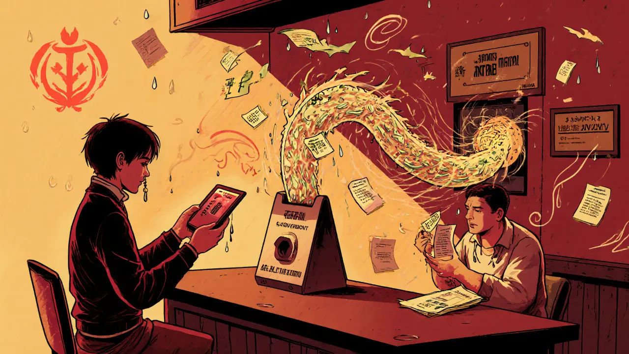 Cafe owner watching crypto payments vanish into a government FX Card dragon while DAI is accepted.