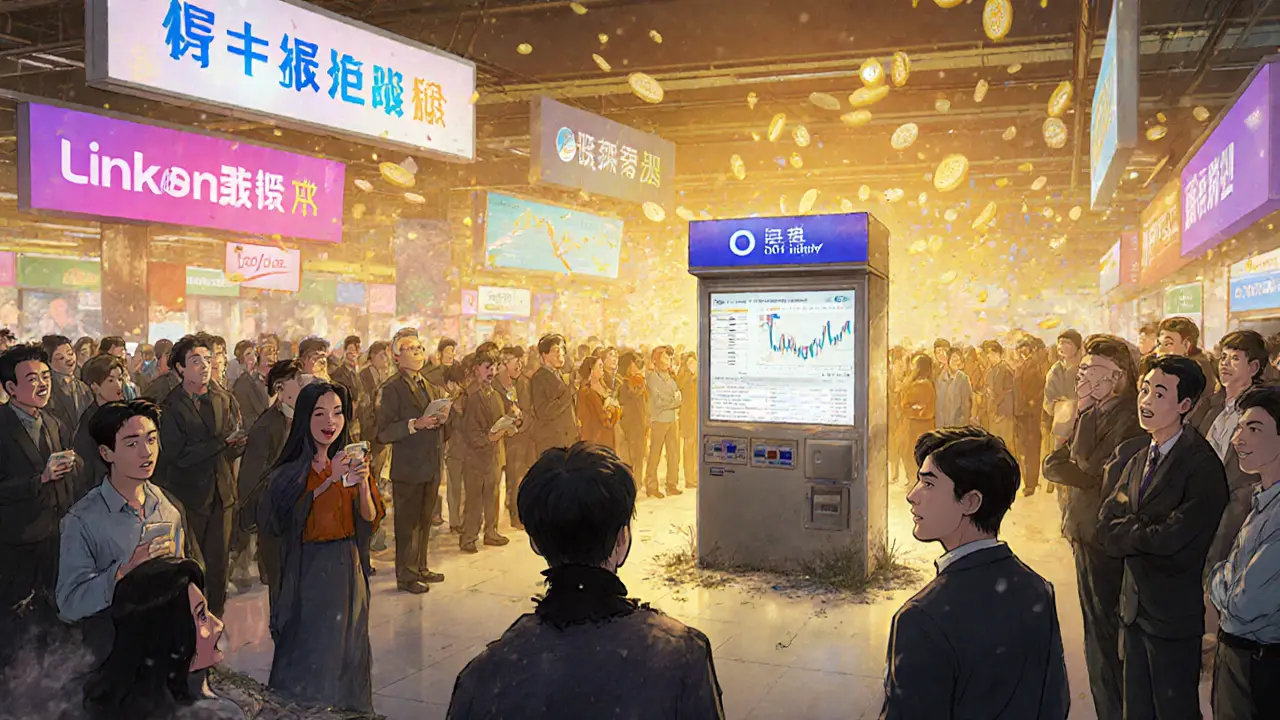 Crowded crypto trading floor with tiny, abandoned Linkswap kiosk in the corner.