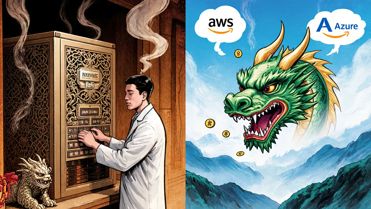 Engineer configuring an ornate on-prem HSM beside a floating cloud HSM, contrasting traditional and modern security.