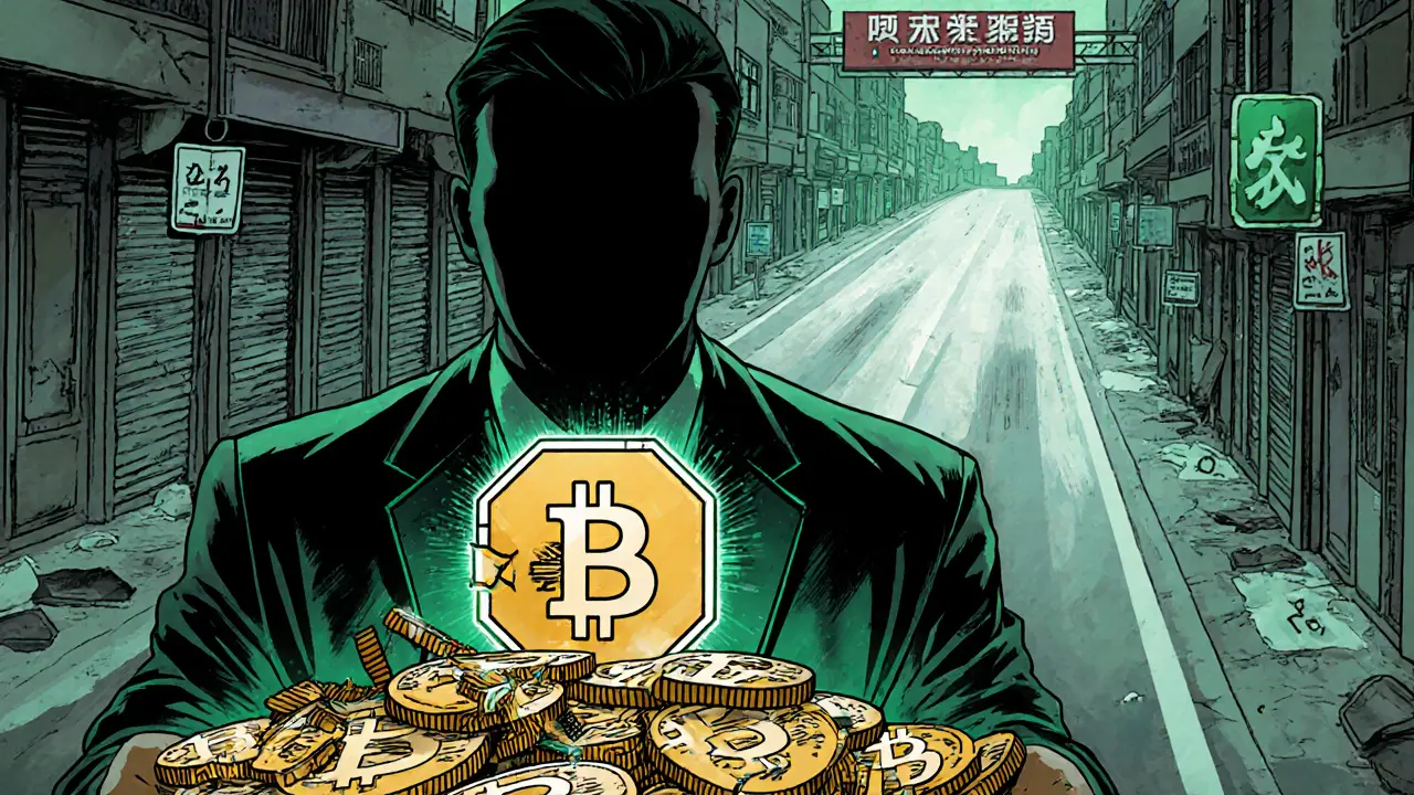 Government CBDC chip overshadowing fading crypto coins as businesses shut down in the background.