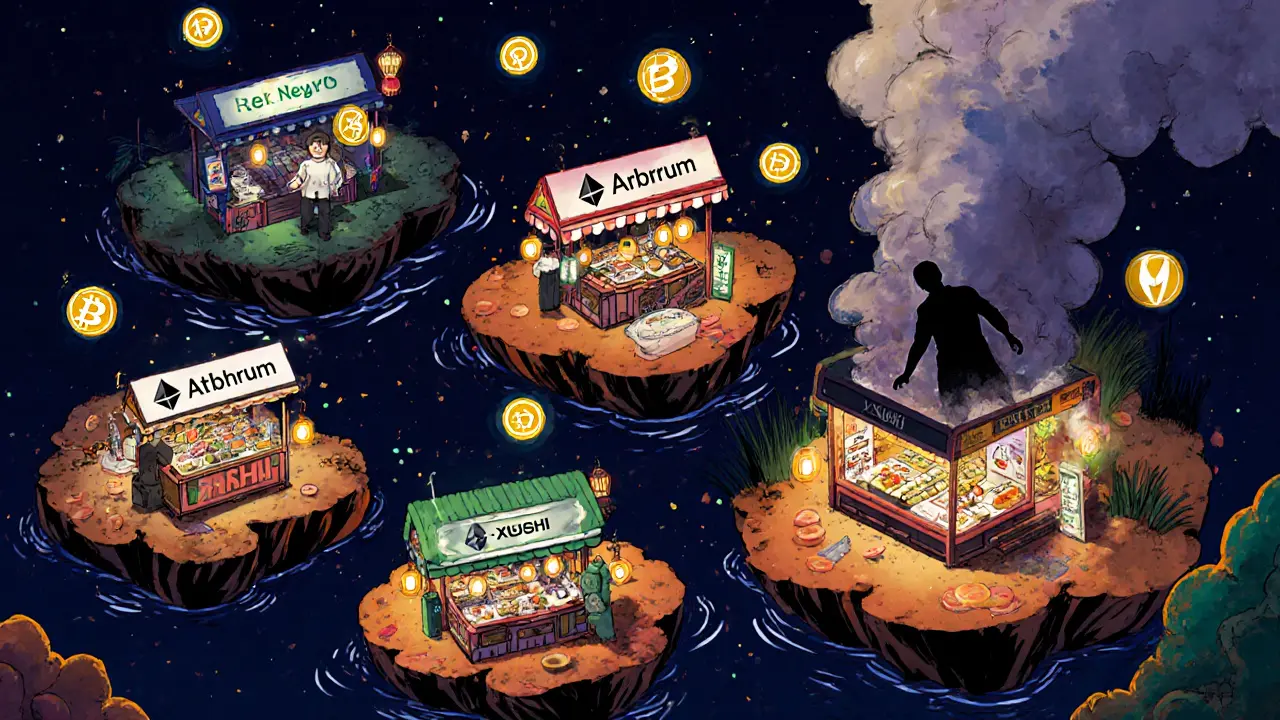 Multi-chain DeFi marketplace with floating sushi stalls and glowing xSUSHI lanterns.