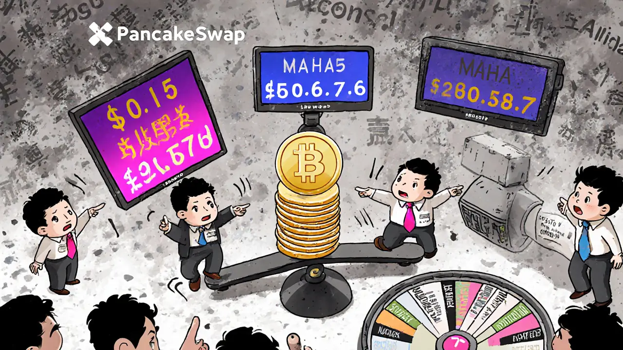 Three conflicting price tags and a low-liquidity scale with MAHA token in the center.