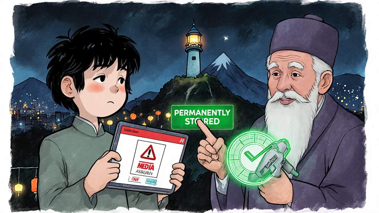 A collector sees a broken NFT while a wise elder shows a tool confirming permanent storage.