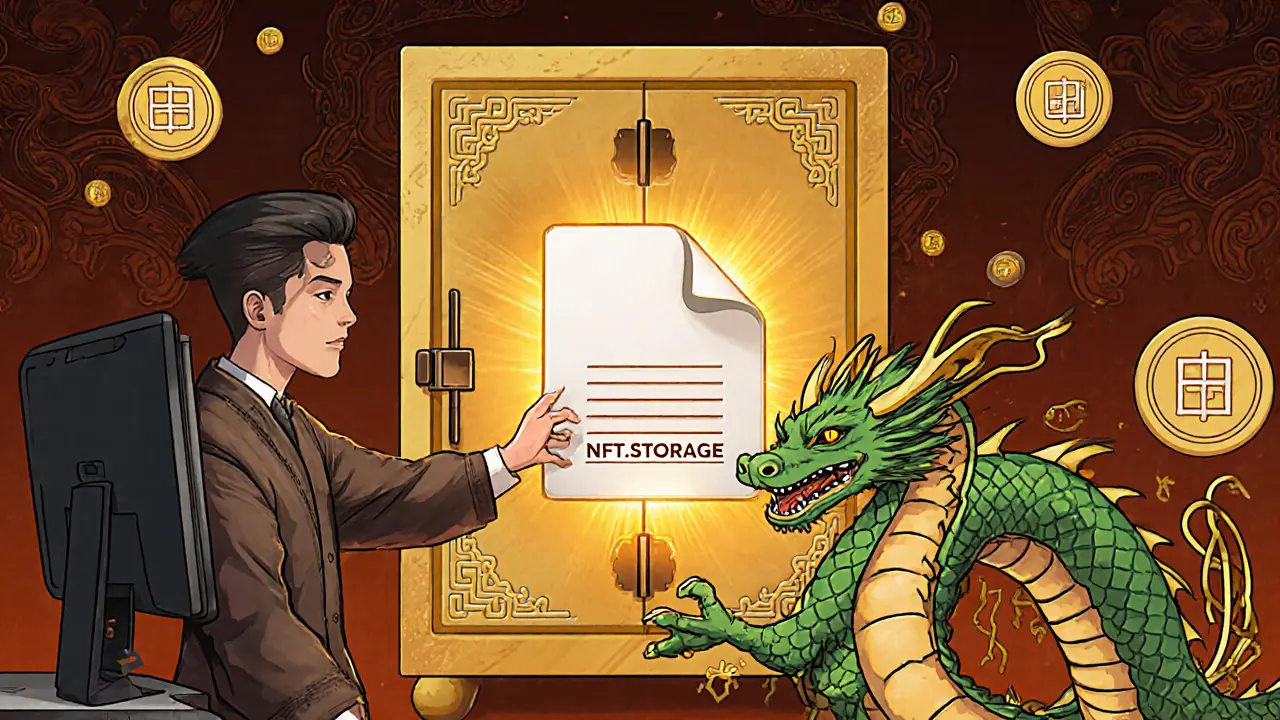 A creator placing an NFT into a golden vault guarded by a data dragon, symbolizing permanent storage.