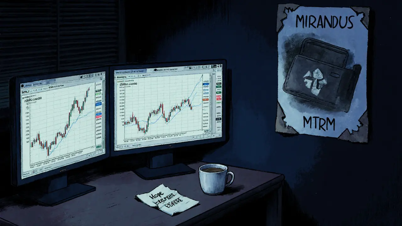 A crypto trader sits in a dark room surrounded by zero-volume charts and a peeling Mirandus poster, a cold teacup beside a hopeful note.