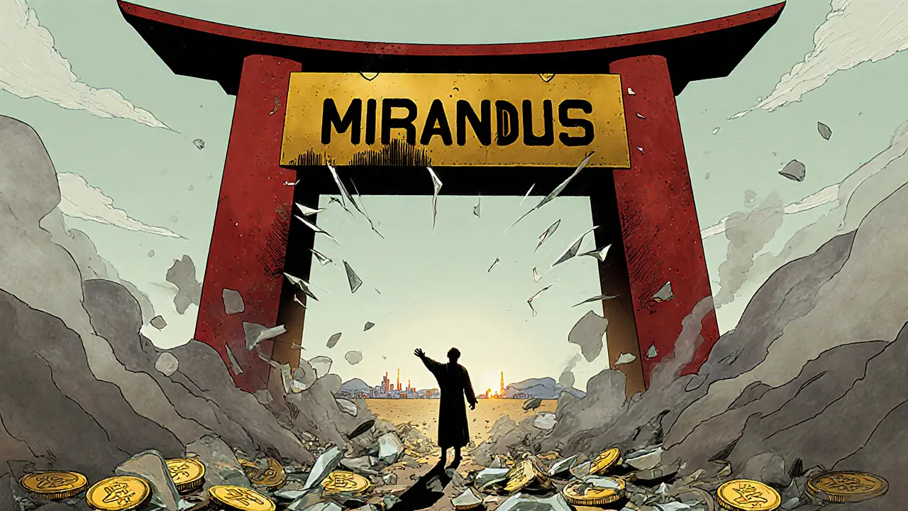 A giant hollow gate labeled &#039;MIRANDUS&#039; stands in a desert of broken tokens, with a figure reaching through its illusory barrier toward a distant glowing city.