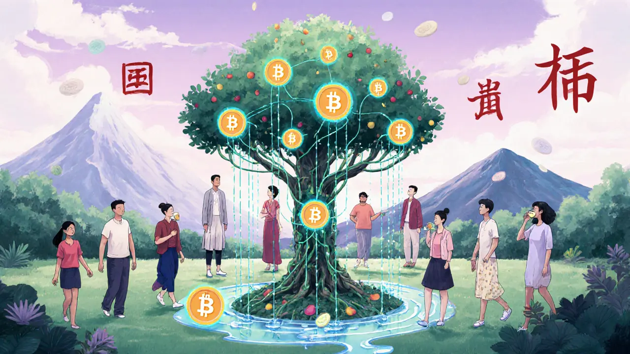 A peaceful community connected by blockchain vines to a tree bearing WELL tokens, symbolizing healthy behavior rewarded by technology.