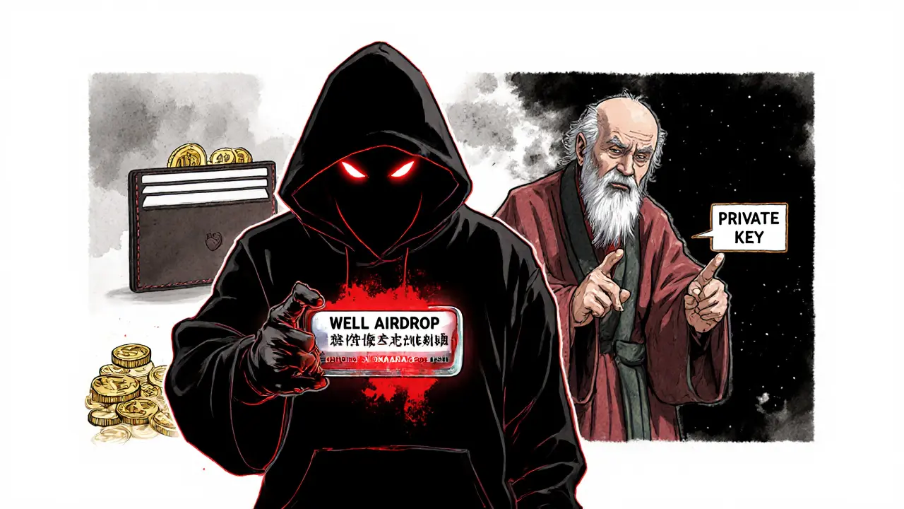 A scammer trying to trick someone with a fake airdrop, contrasted with a wise figure warning against giving away private keys.