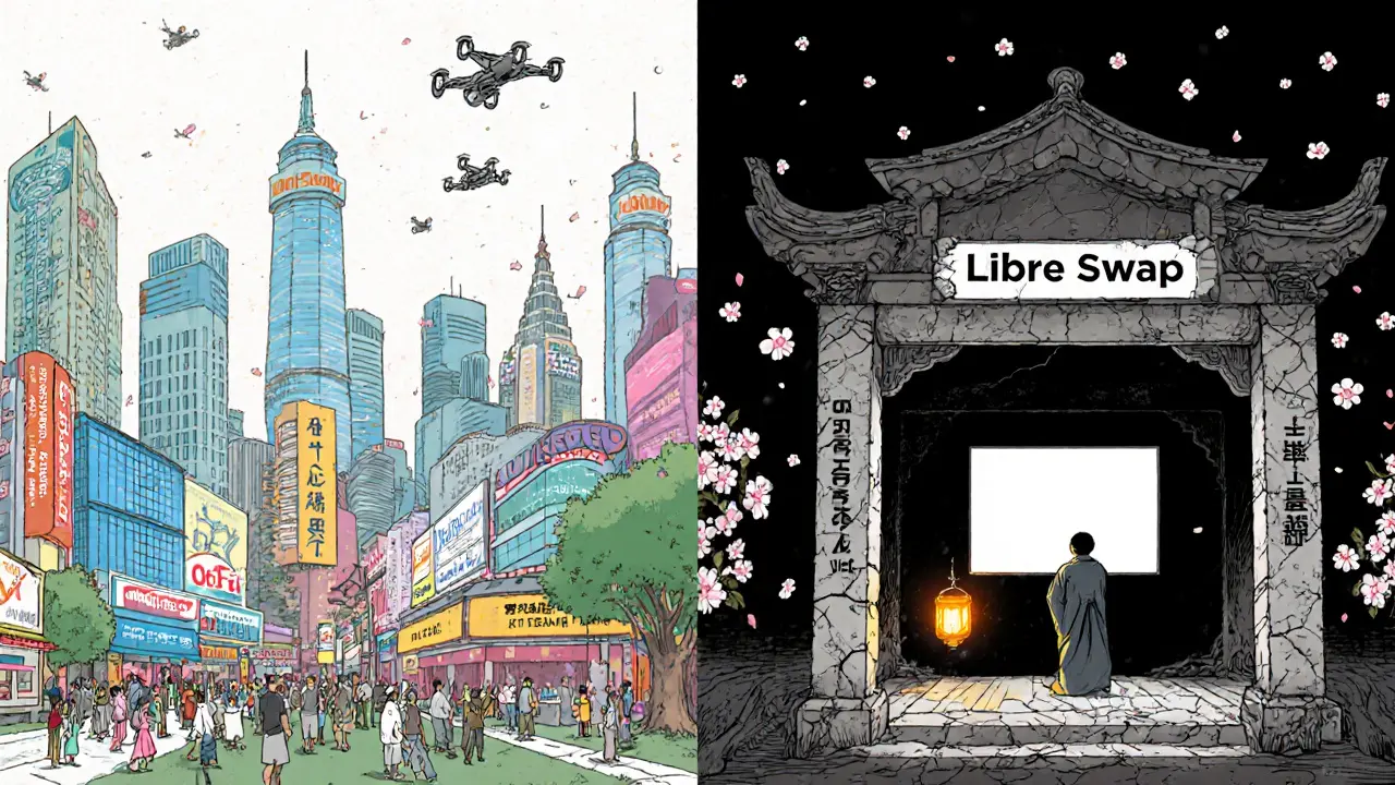 A silent, crumbling Libre Swap temple contrasted with a vibrant DeFi city, symbolizing isolation and neglect.