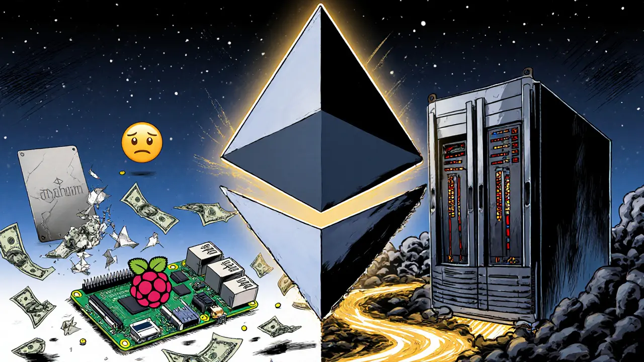 A split scene contrasts a failing cheap setup with a powerful professional validator rig under the Ethereum logo.