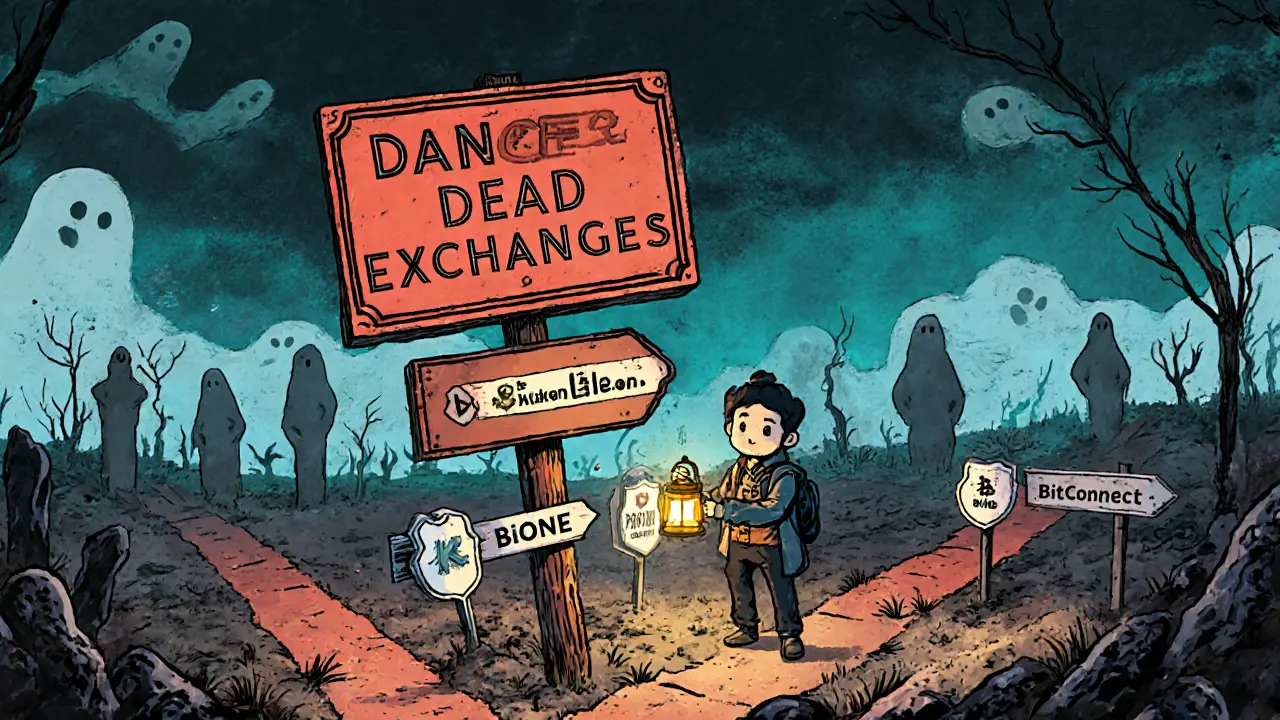 A warning signpost in a digital wasteland showing safe exchanges vs. dead ones like BiONE.