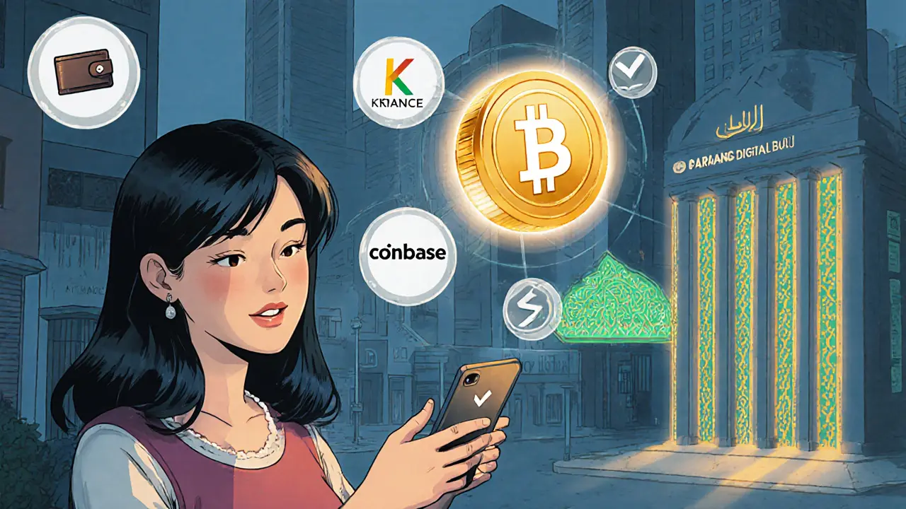 A woman in Karachi uses a licensed crypto wallet while digital icons of global exchanges glow above her.