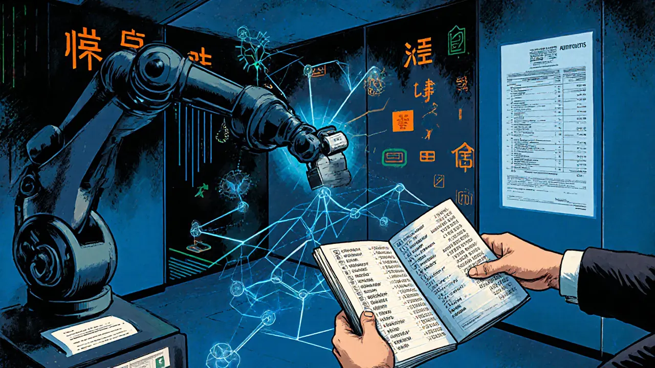 Audit room with blockchain holograms and taxpayer submitting transaction records