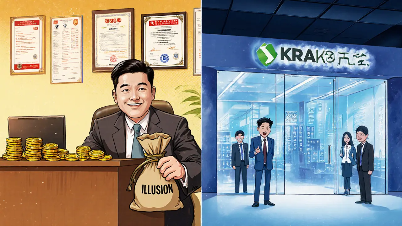 Contrast between a fake BiONE office with false licenses and a transparent, trusted exchange with auditors.