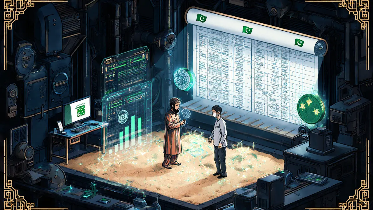 Developers in a glowing sandbox create Shariah-compliant crypto tokens with holographic compliance data.