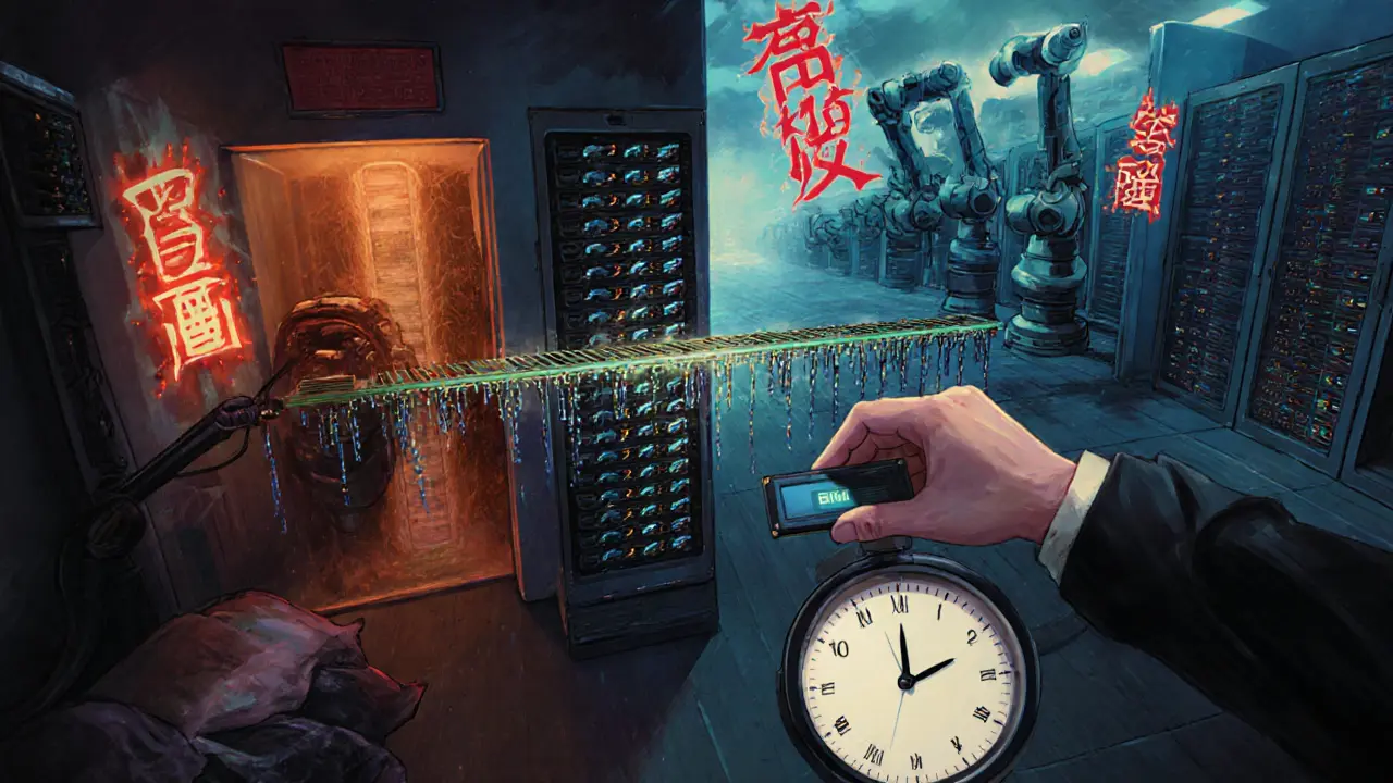 Dual validator setups at home and in the cloud are connected by a glowing data bridge, with a hand installing storage.