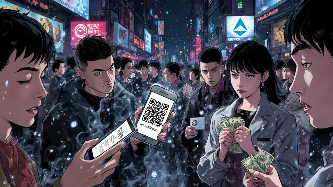 Underground crypto traders exchanging cash and QR codes in a Shanghai alley at night.