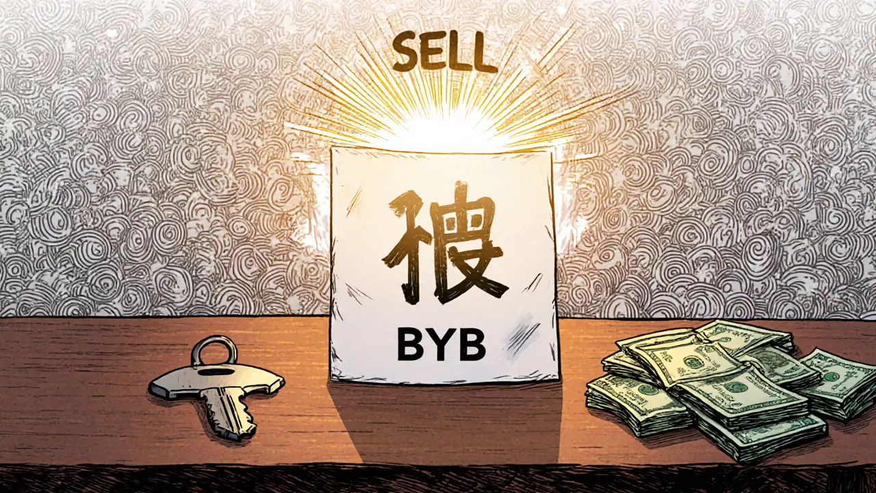 A BYB digital paperweight sits next to a house key and cash, while thousands of other coins vanish into darkness.